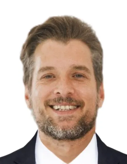 The man in a navy suit and white shirt as a 35 × 45 mm passport photo