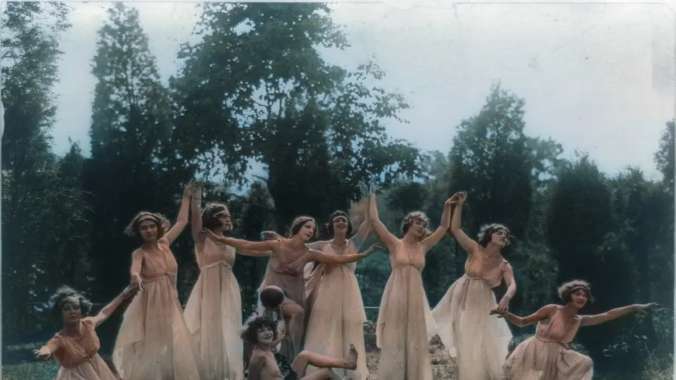 A colorized photo of dancers outdoors