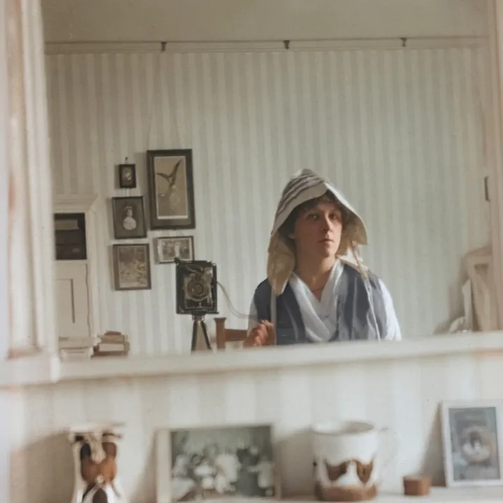 A restored photo of a woman at a window