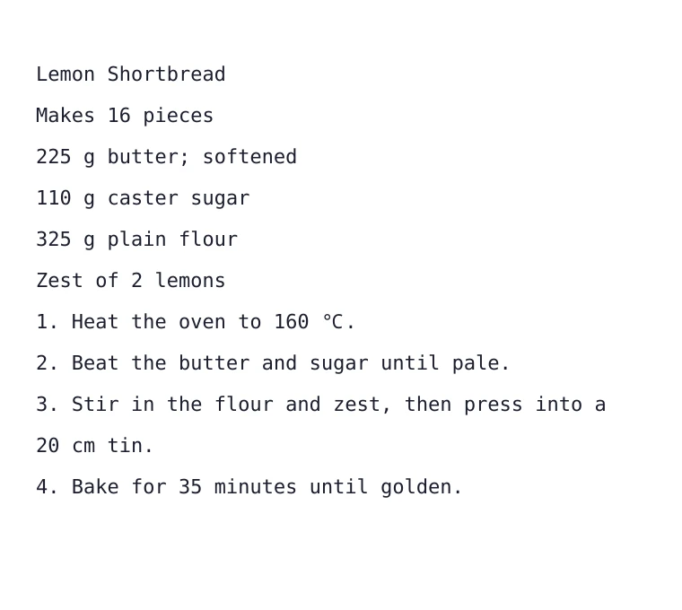 Text extracted from a recipe photo